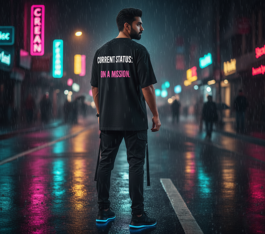 "CURRENT STATUS: ON A MISSION." Oversized Black T-Shirt - Driven Lifestyle Statement Tee