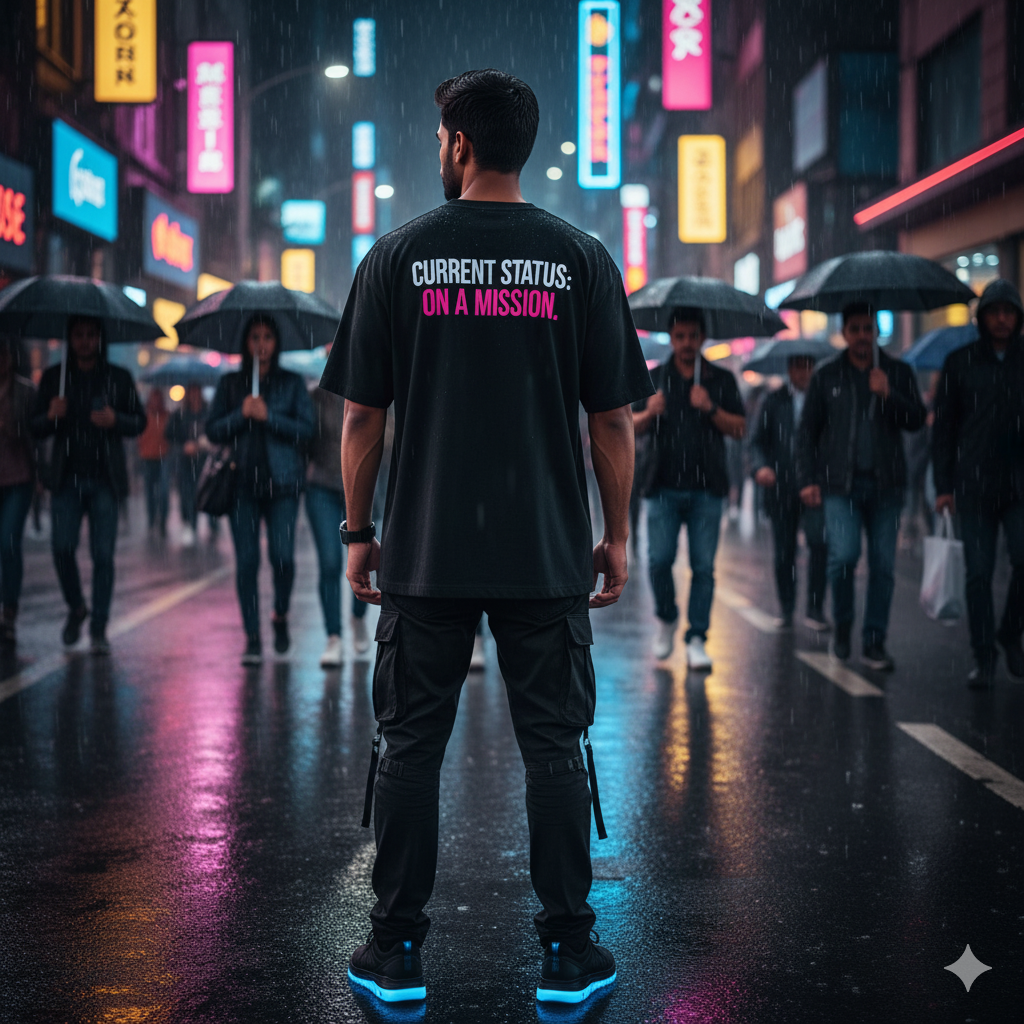 "CURRENT STATUS: ON A MISSION." Oversized Black T-Shirt - Driven Lifestyle Statement Tee