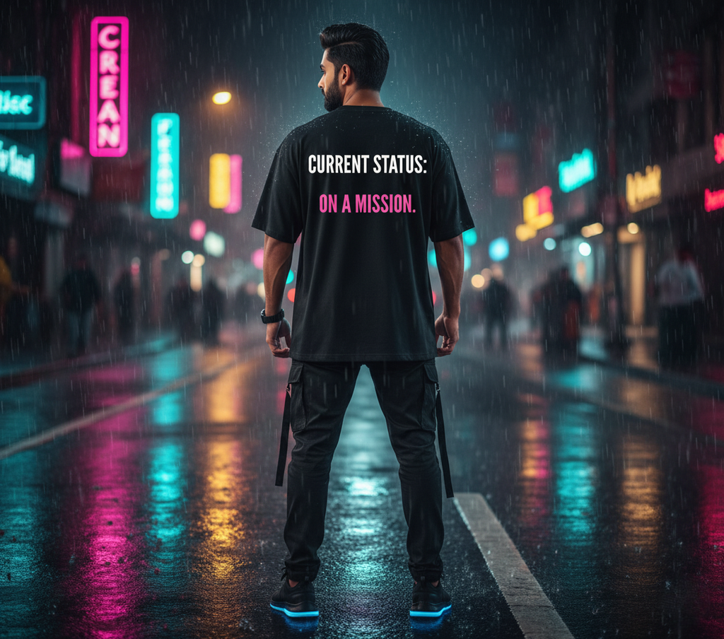 "CURRENT STATUS: ON A MISSION." Oversized Black T-Shirt - Driven Lifestyle Statement Tee