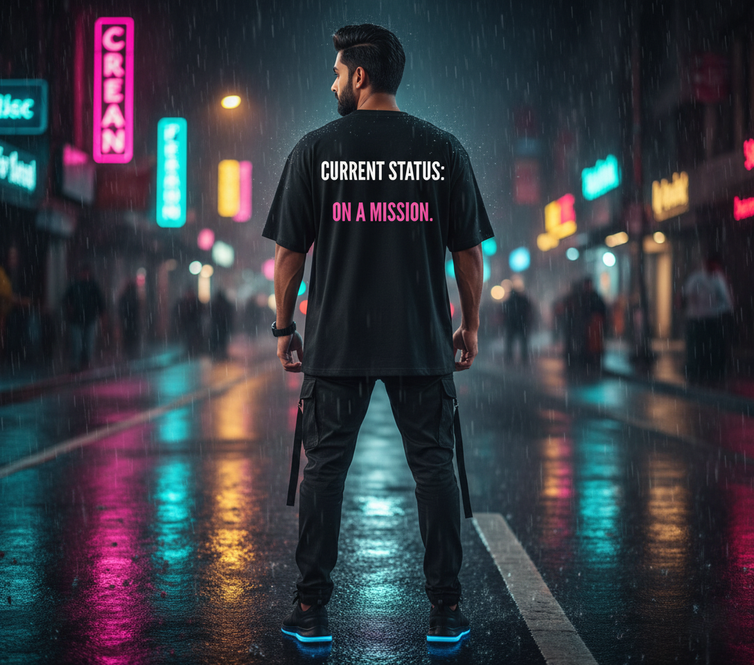 "CURRENT STATUS: ON A MISSION." Oversized Black T-Shirt - Driven Lifestyle Statement Tee