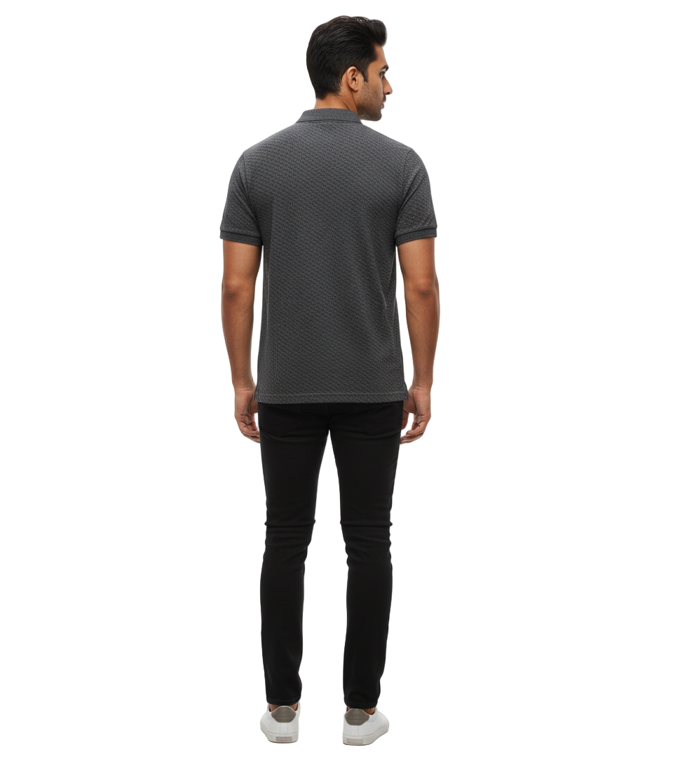 Men's Textured Charcoal Grey Polo Shirt - Stylish Pattern | Modern Comfort Polo