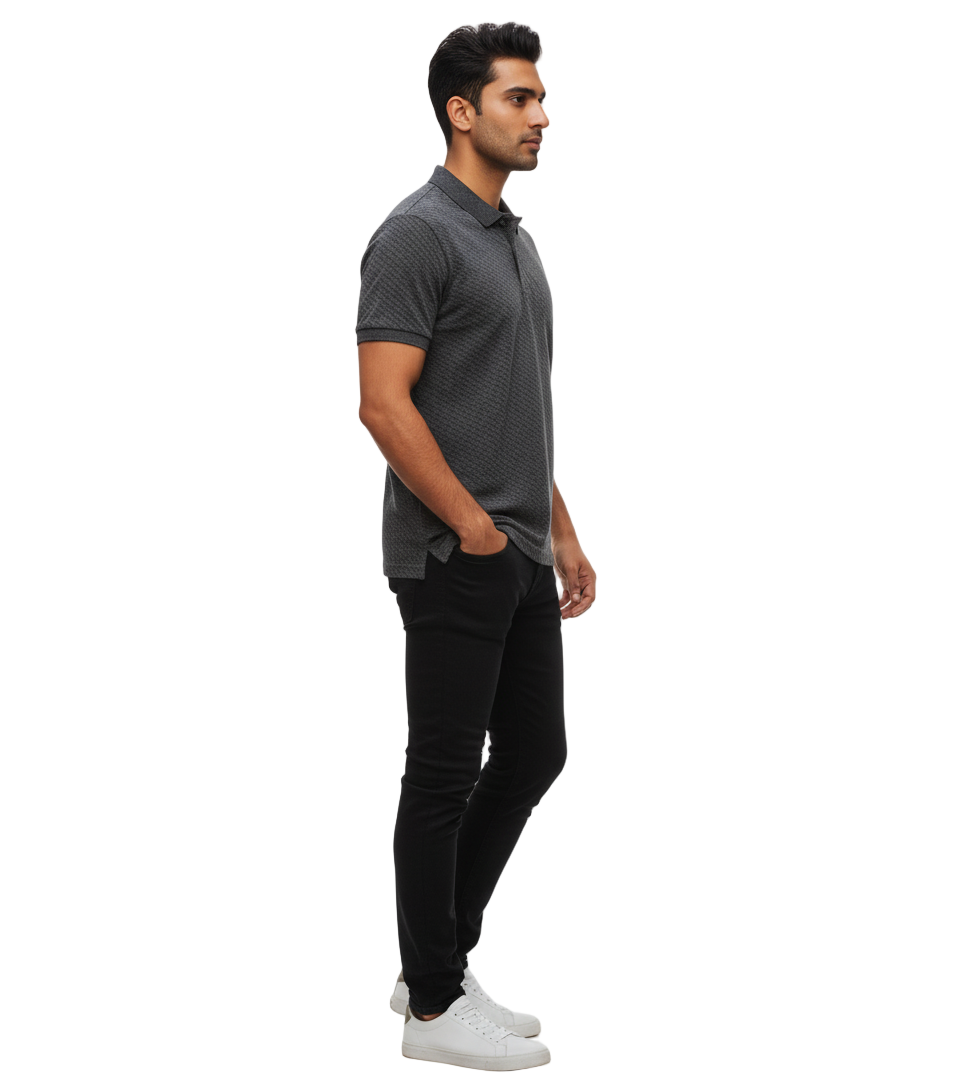 Men's Textured Charcoal Grey Polo Shirt - Stylish Pattern | Modern Comfort Polo