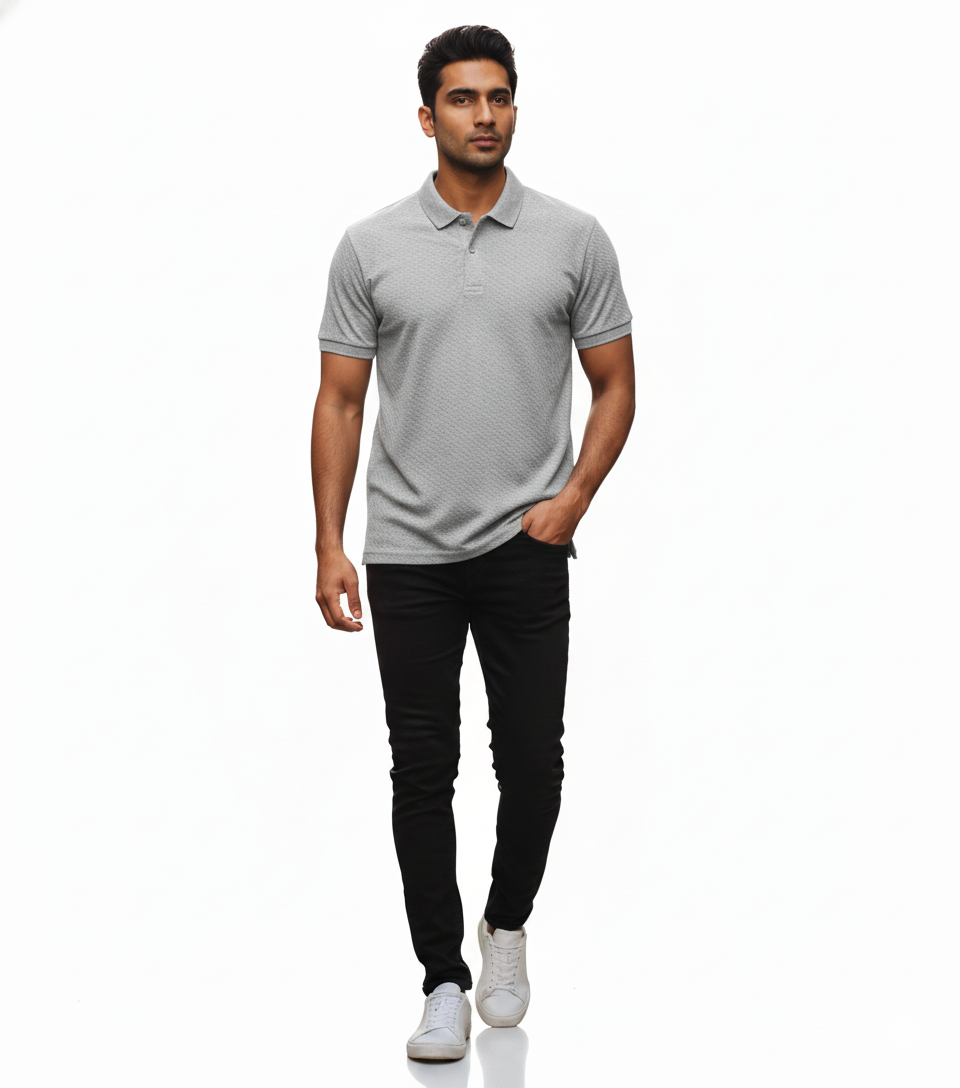 Men's Light Grey Textured Polo Shirt - Subtle Pattern | Breathable Comfort