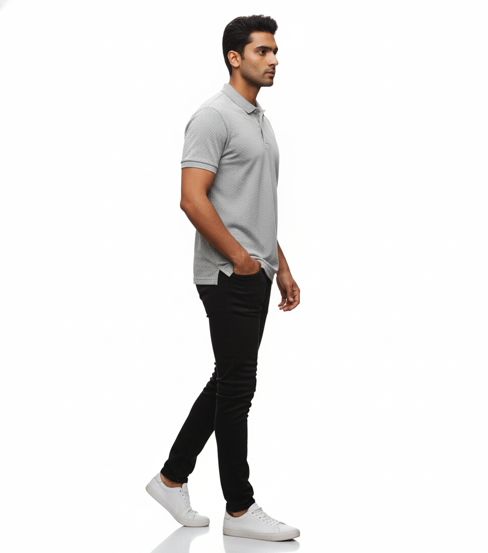 Men's Light Grey Textured Polo Shirt - Subtle Pattern | Breathable Comfort