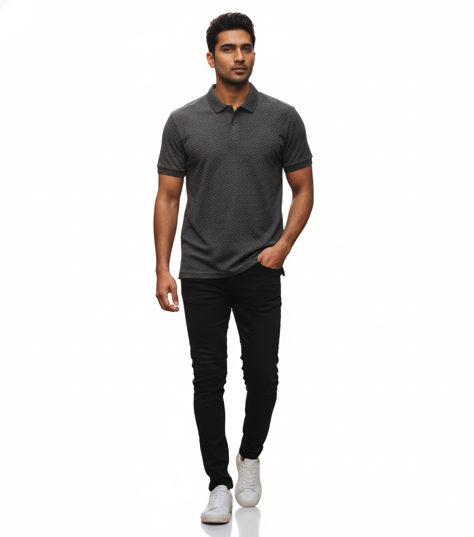 Men's Textured Charcoal Grey Polo Shirt - Stylish Pattern | Modern Comfort Polo