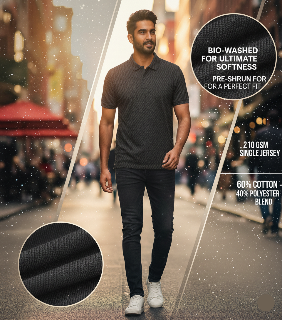 Men's Textured Charcoal Grey Polo Shirt - Stylish Pattern | Modern Comfort Polo