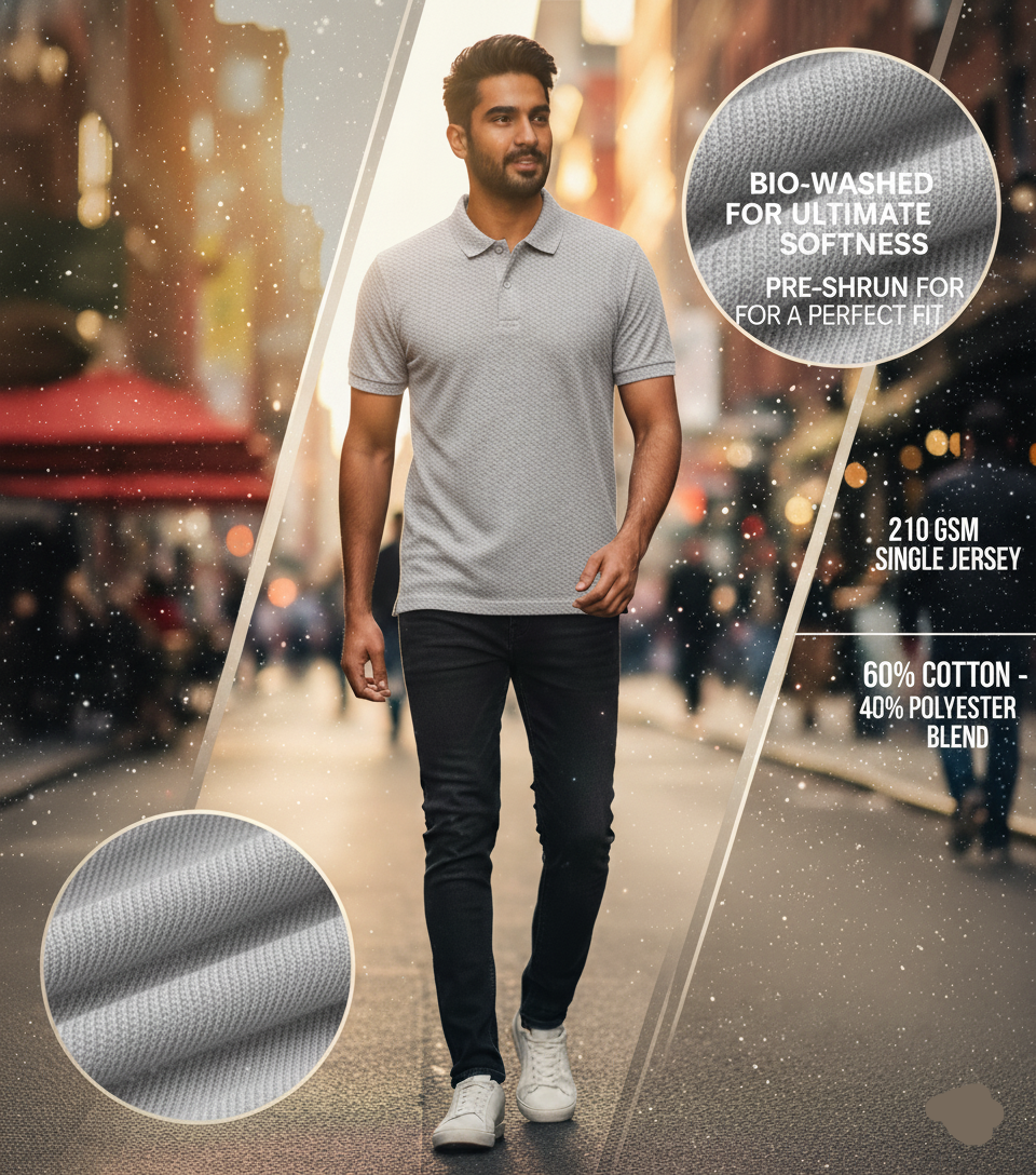 Men's Light Grey Textured Polo Shirt - Subtle Pattern | Breathable Comfort