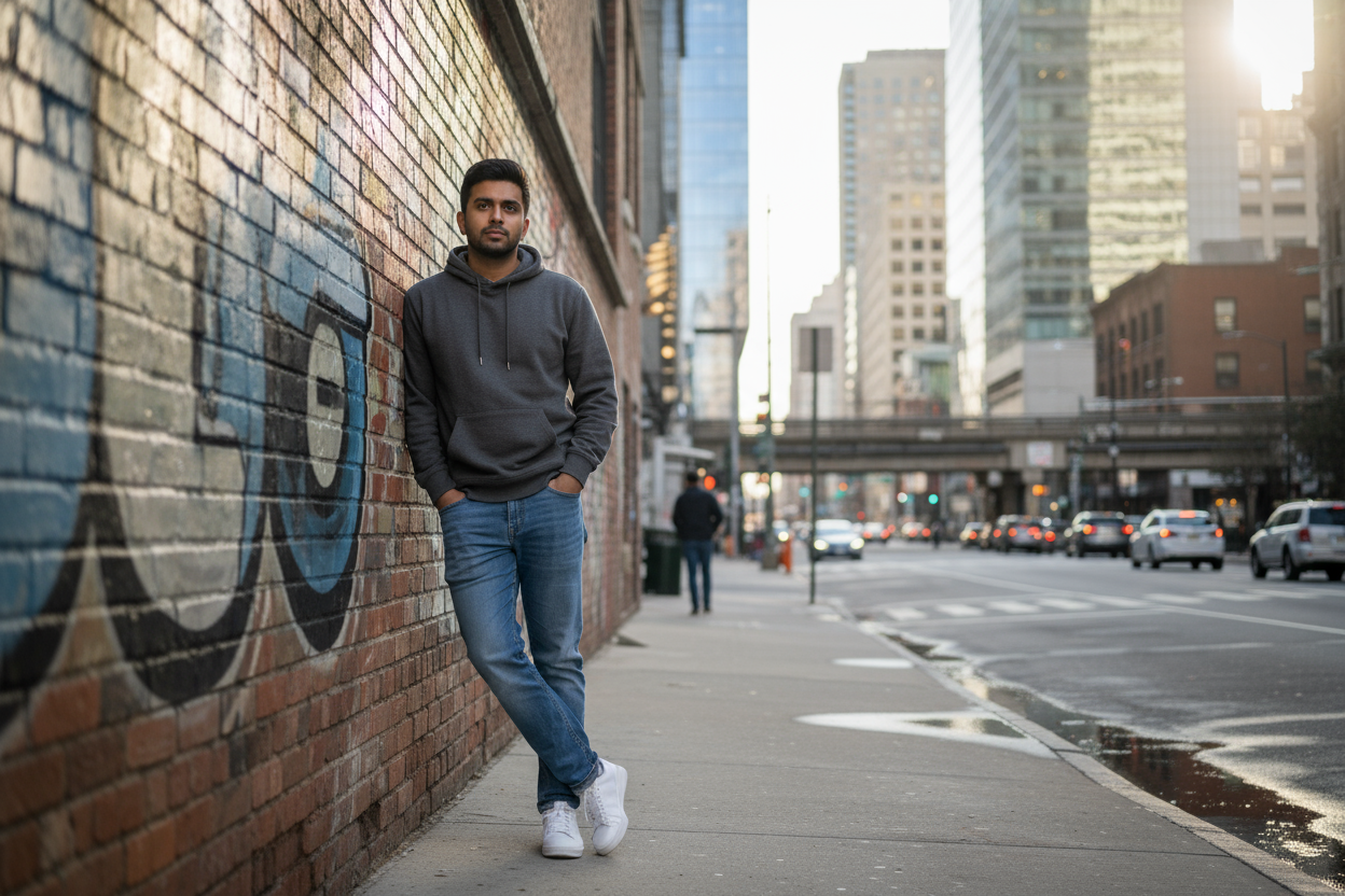 a 25 year indian male wearing hoodie