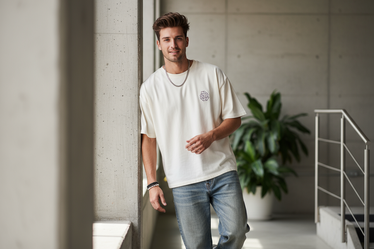 a 25 year old male wearing oversized tshirt