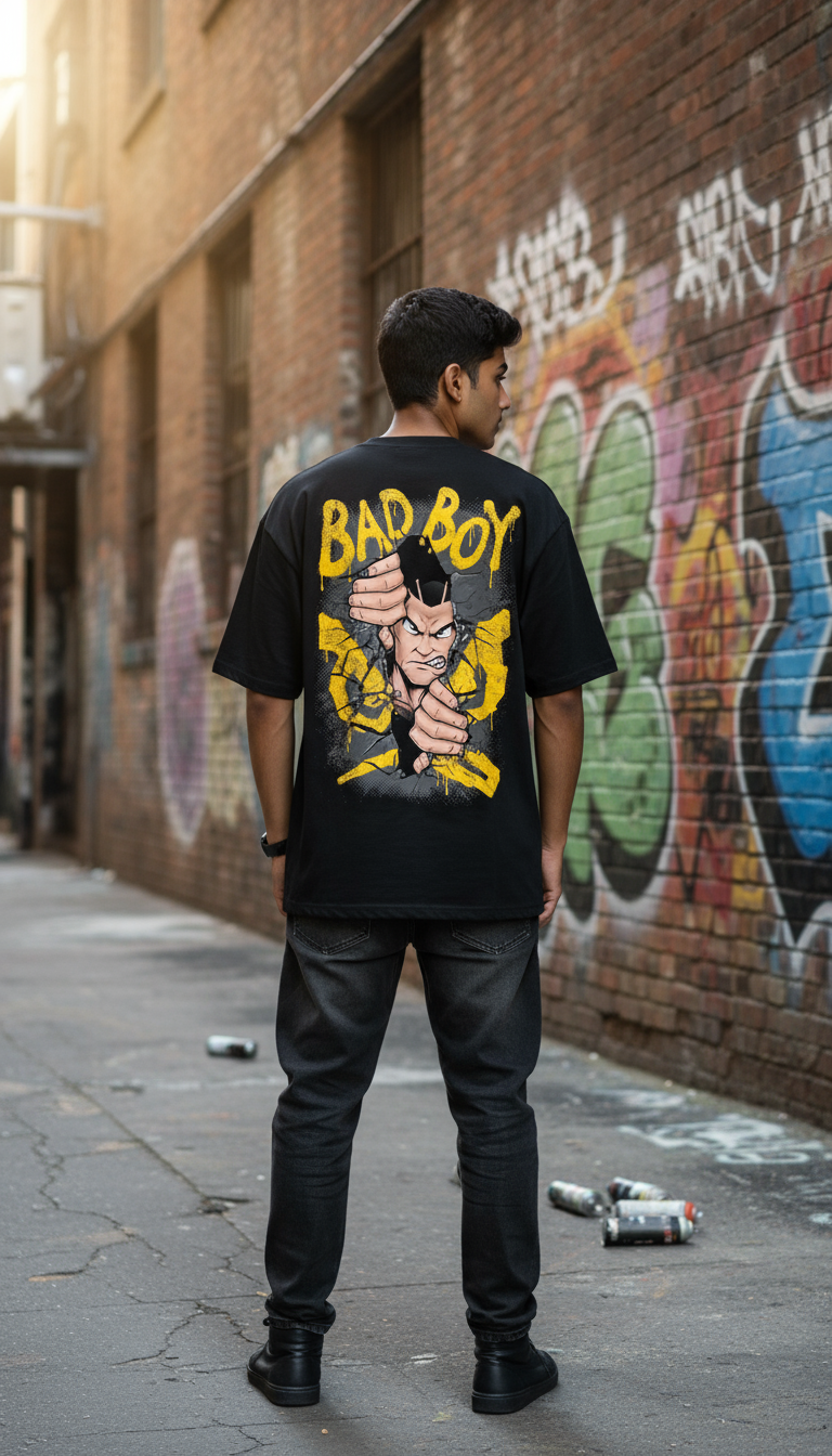 Oversized Black T-Shirt with "BAD BOY" Graffiti Print – Bold Urban Streetwear for Men