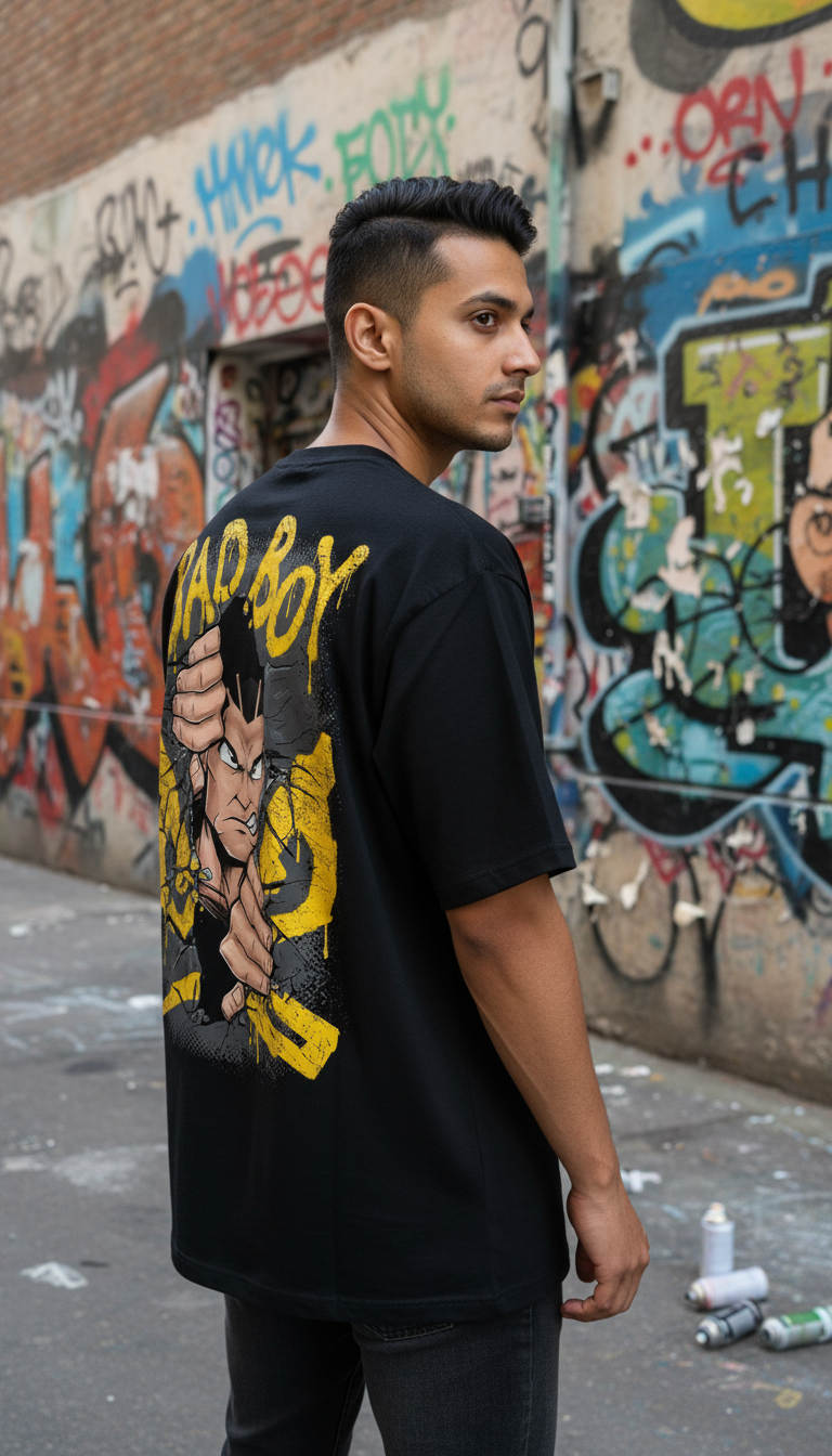 Oversized Black T-Shirt with "BAD BOY" Graffiti Print – Bold Urban Streetwear for Men
