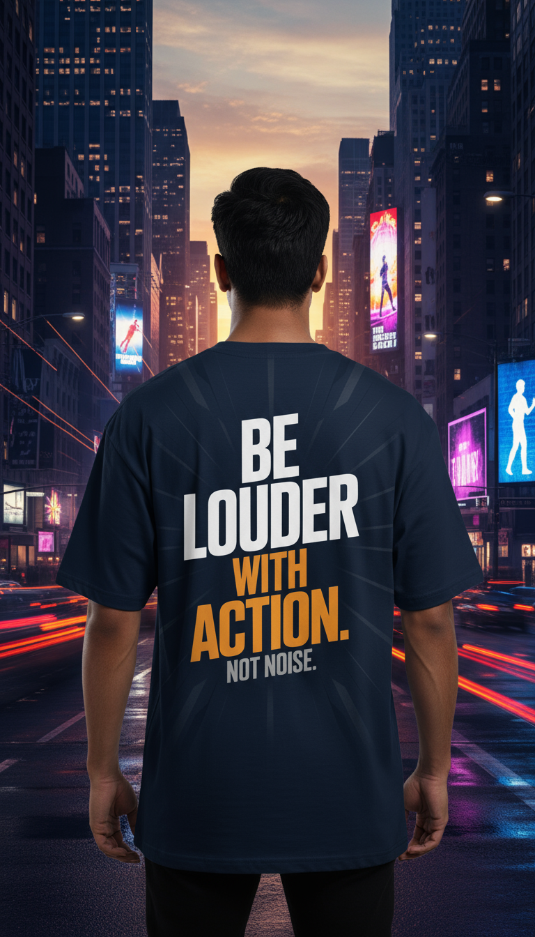 Oversized Navy T-Shirt with "Be Louder with Action. Not Noise." Graphic