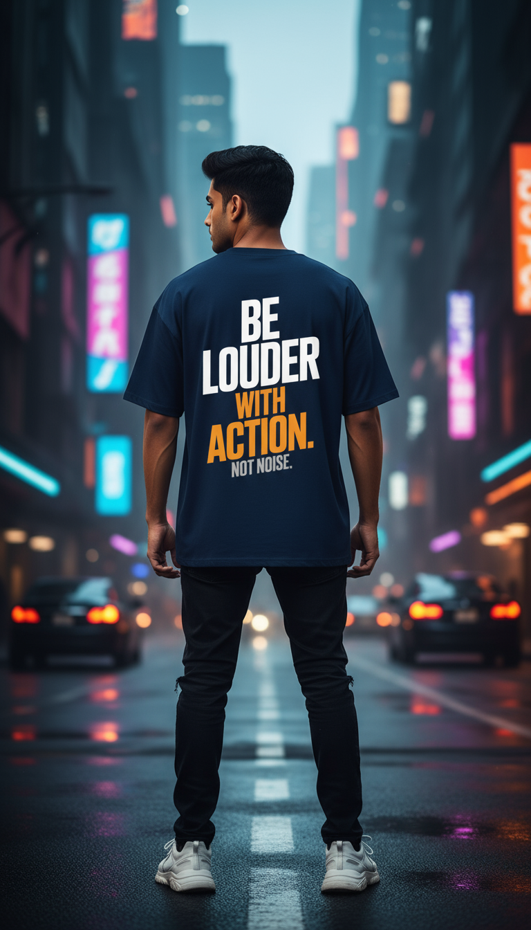 Oversized Navy T-Shirt with "Be Louder with Action. Not Noise." Graphic