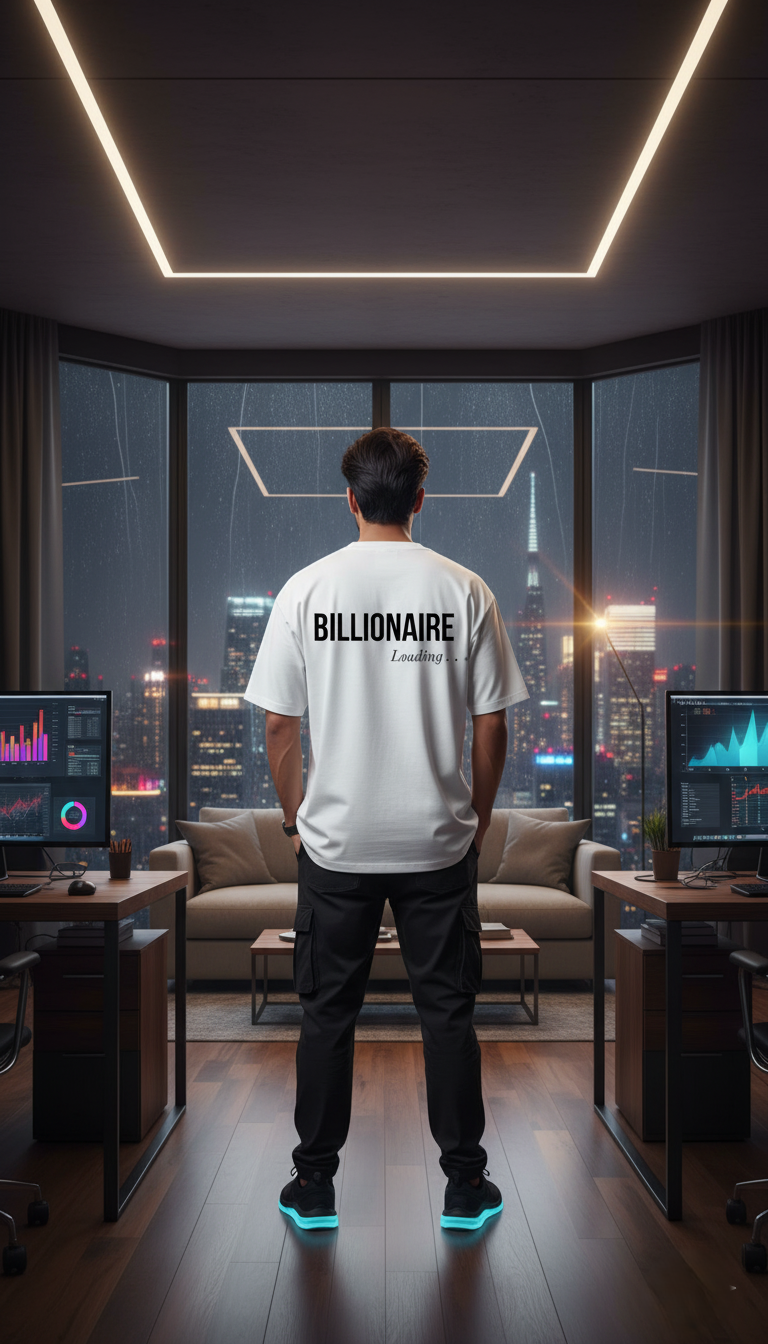 "BILLIONAIRE Loading..." Oversized White T-Shirt - Aspiring Wealth Statement Tee