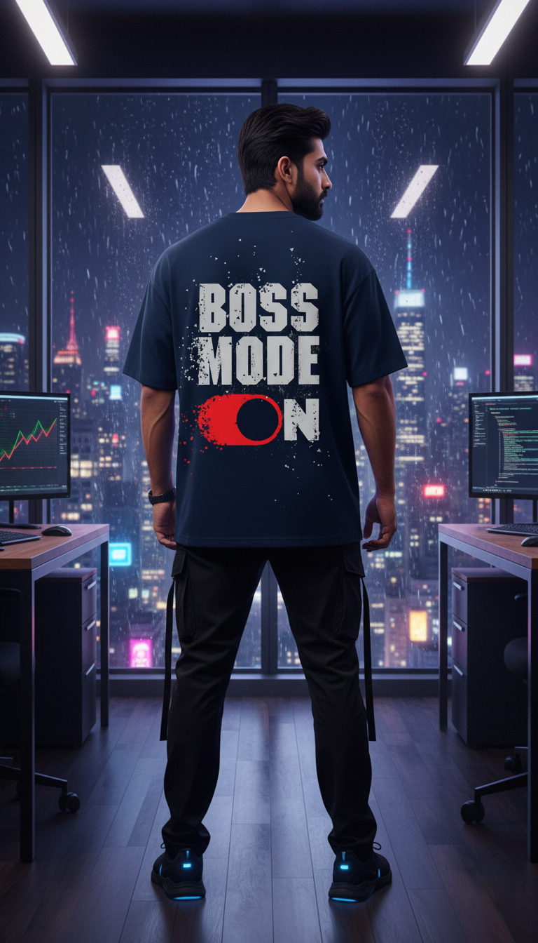 "BOSS MODE ON" Oversized Navy T-Shirt - Empowerment & Readiness Statement Tee