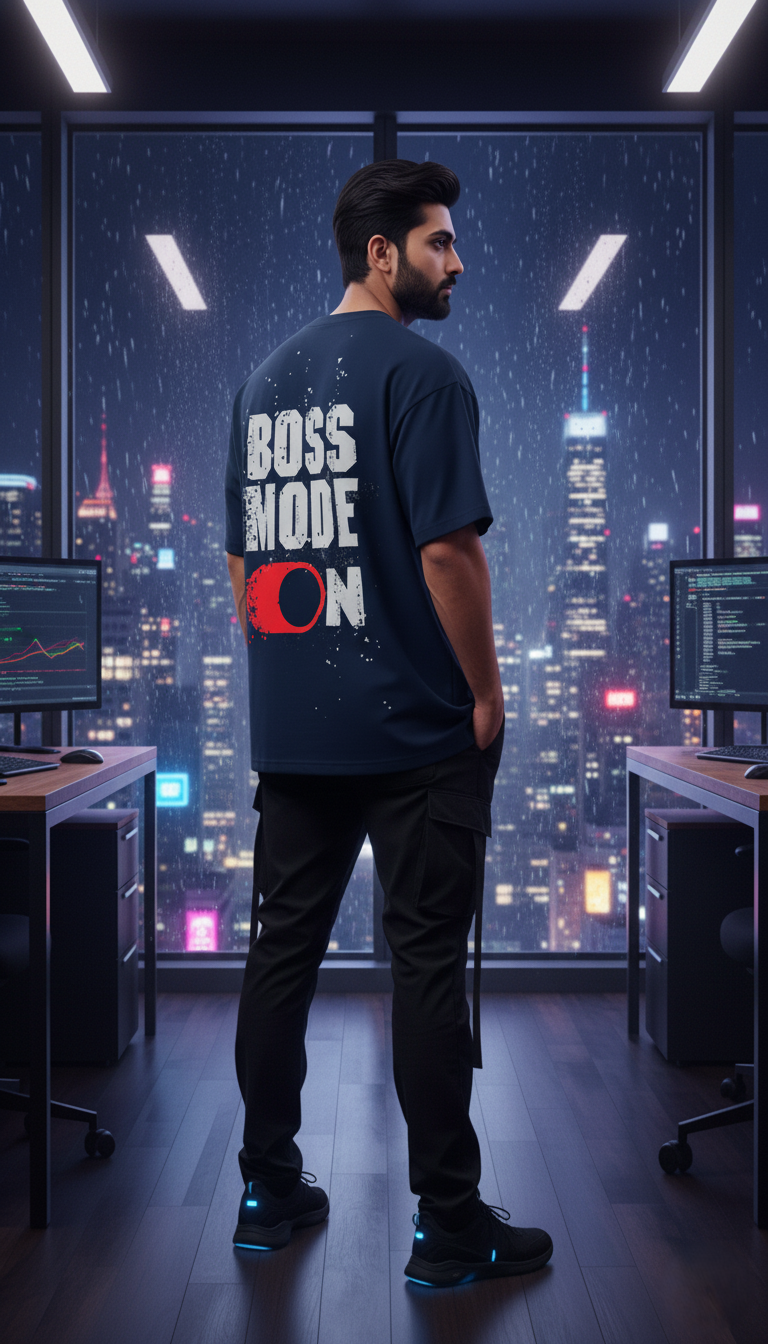 "BOSS MODE ON" Oversized Navy T-Shirt - Empowerment & Readiness Statement Tee