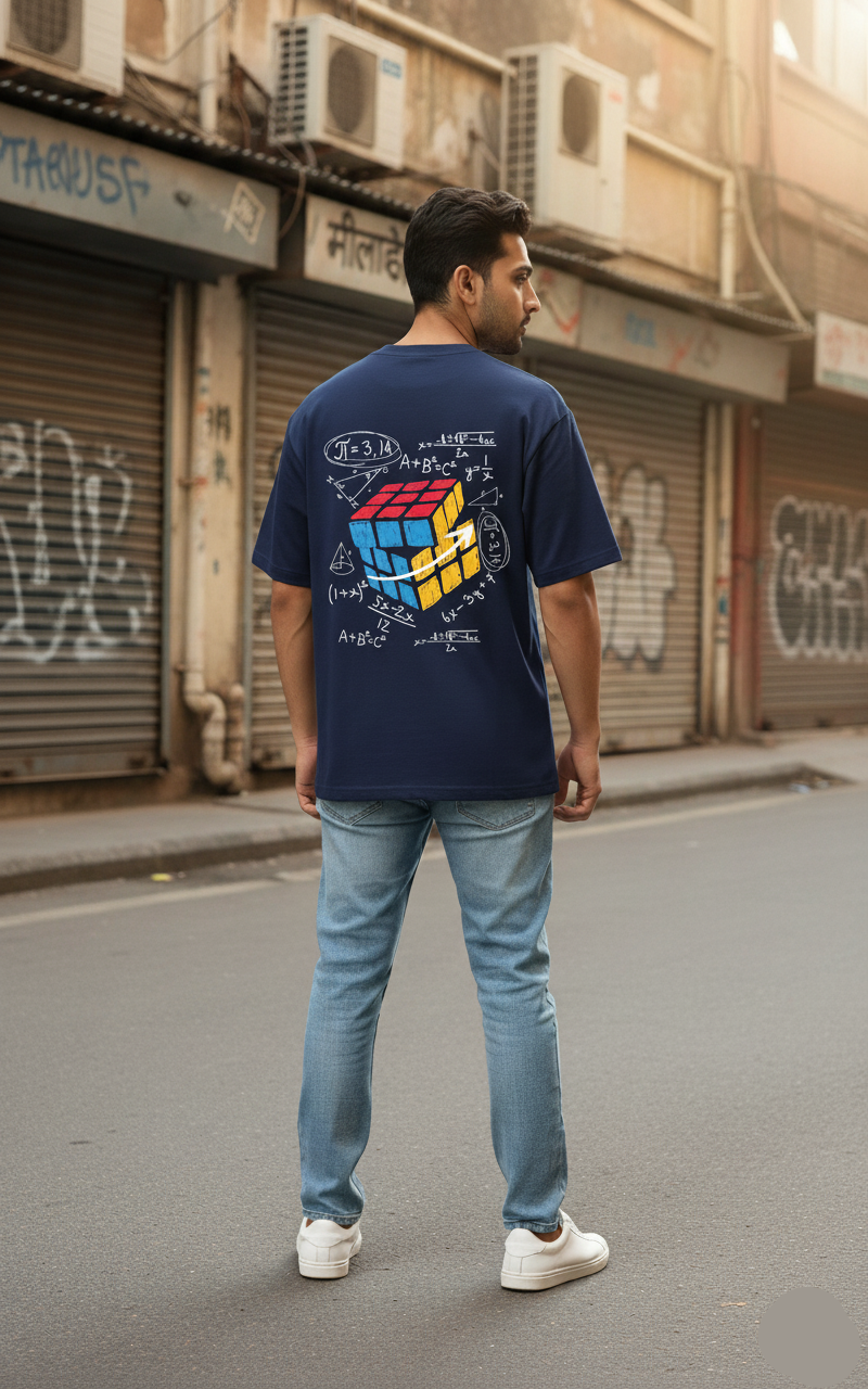 "Solve It" Rubik's Cube & Math Equation Navy Oversized T-Shirt for Men