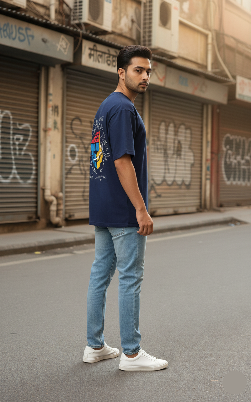 "Solve It" Rubik's Cube & Math Equation Navy Oversized T-Shirt for Men