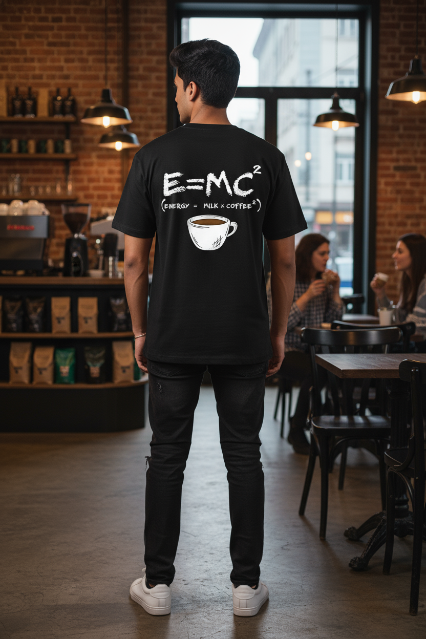 Oversized Black T-Shirt with E=MC² Coffee Formula Graphic – Indian Urban Casual Wear