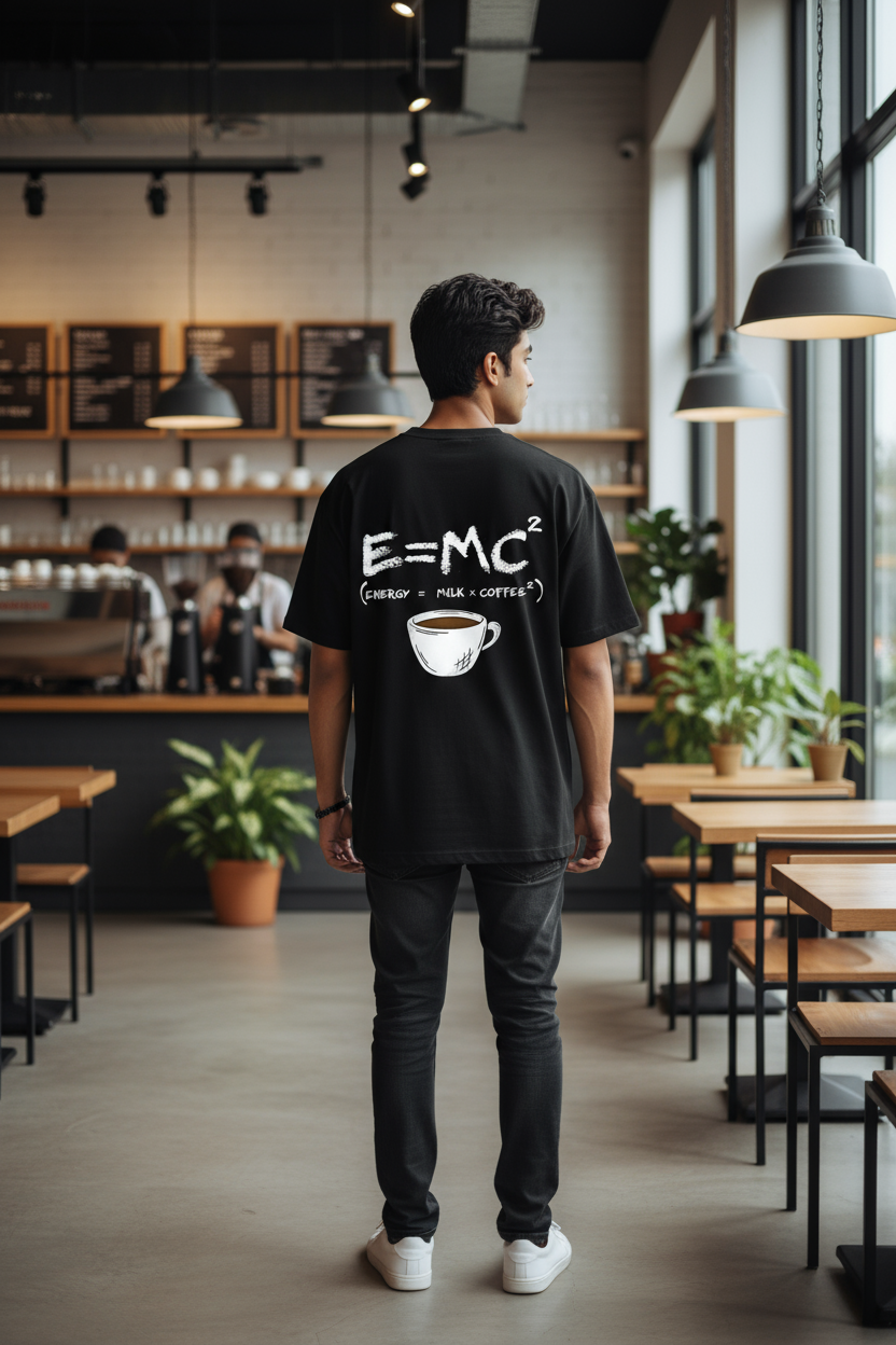 Oversized Black T-Shirt with E=MC² Coffee Formula Graphic – Indian Urban Casual Wear