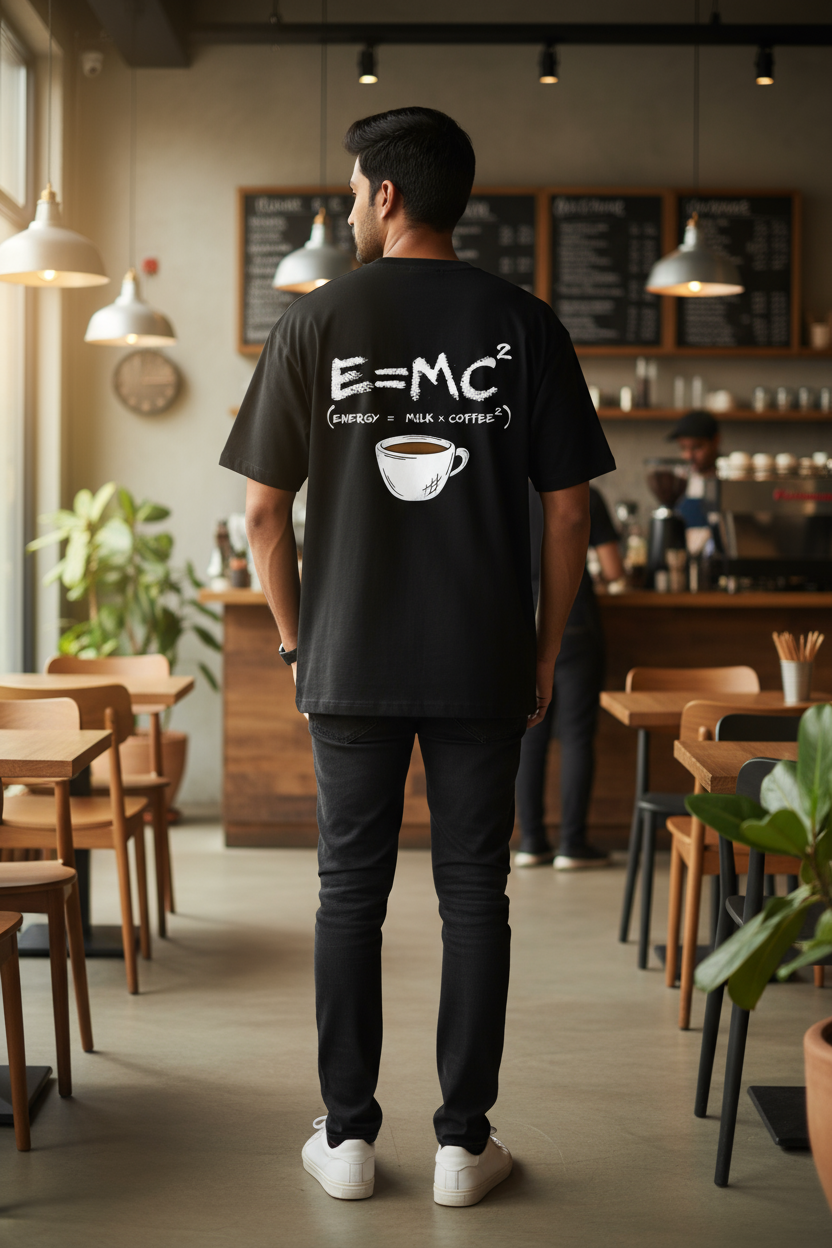 Oversized Black T-Shirt with E=MC² Coffee Formula Graphic – Indian Urban Casual Wear