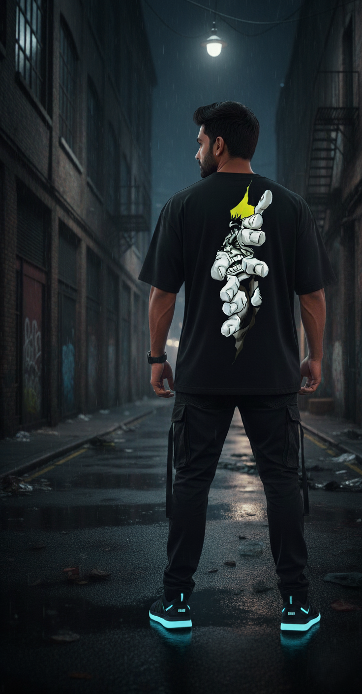 "Reach Out / Grasping Fury" Oversized Black T-Shirt - Edgy Art & Expression Tee