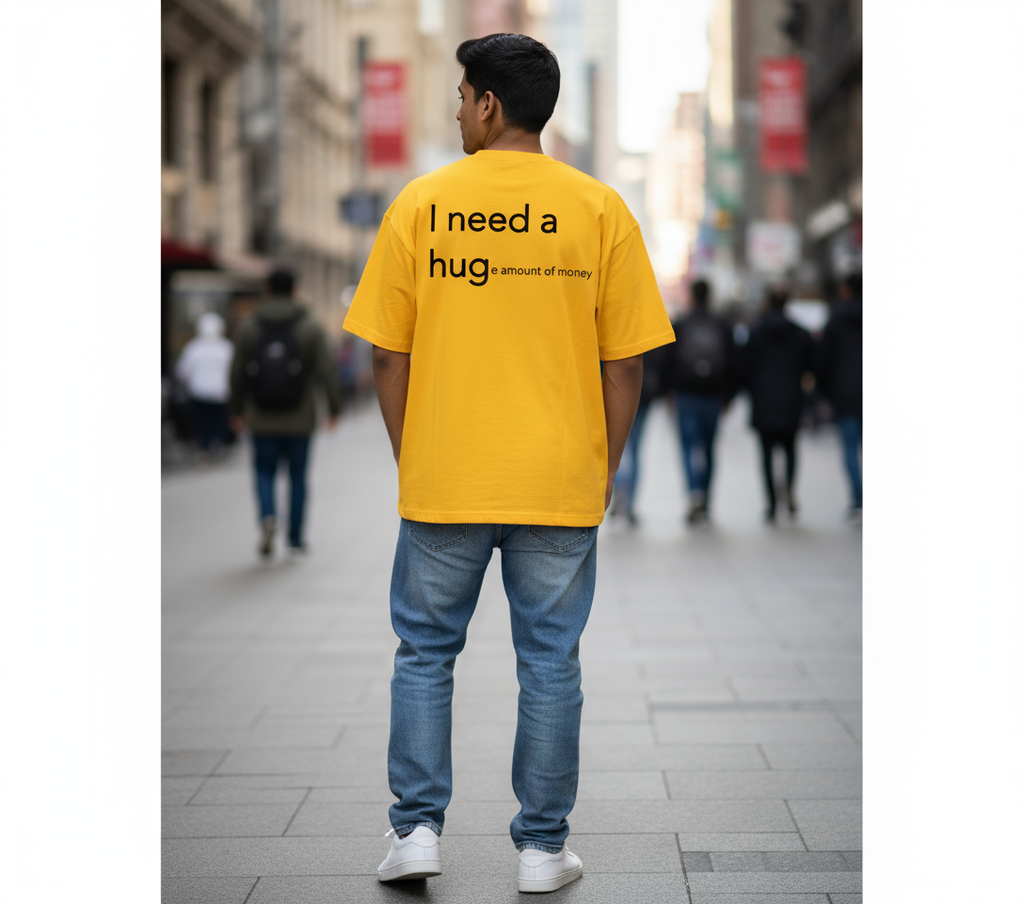 Oversized Black T-Shirt with Yellow Text – “I Need a Huge Amount of Money” Design
