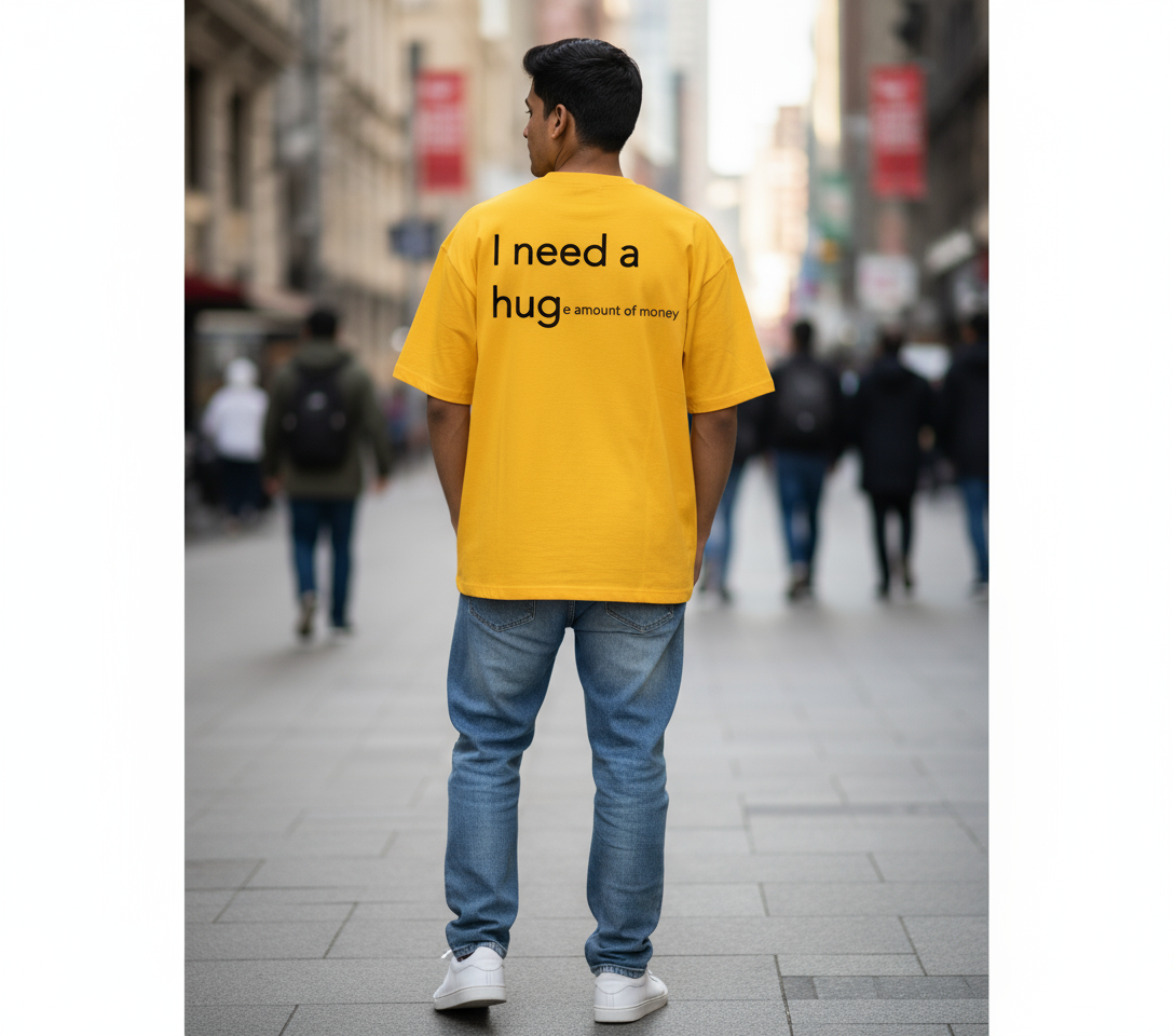 Oversized Black T-Shirt with Yellow Text – “I Need a Huge Amount of Money” Design