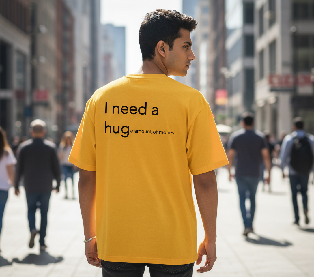 Oversized Black T-Shirt with Yellow Text – “I Need a Huge Amount of Money” Design
