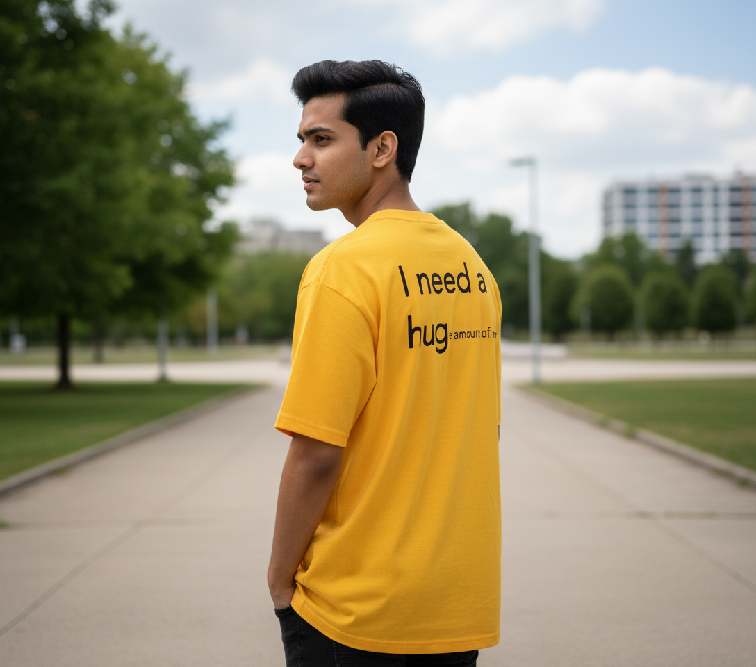 Oversized Black T-Shirt with Yellow Text – “I Need a Huge Amount of Money” Design
