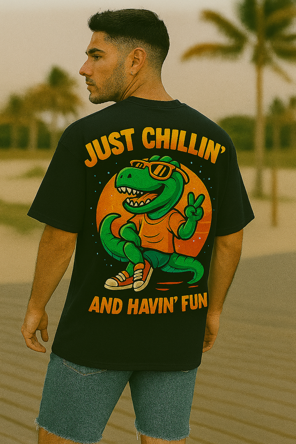 Just Chillin' Oversized T-Shirt for Men – Cool Dinosaur Graphic Tee | 100% Organic Cotton Streetwear