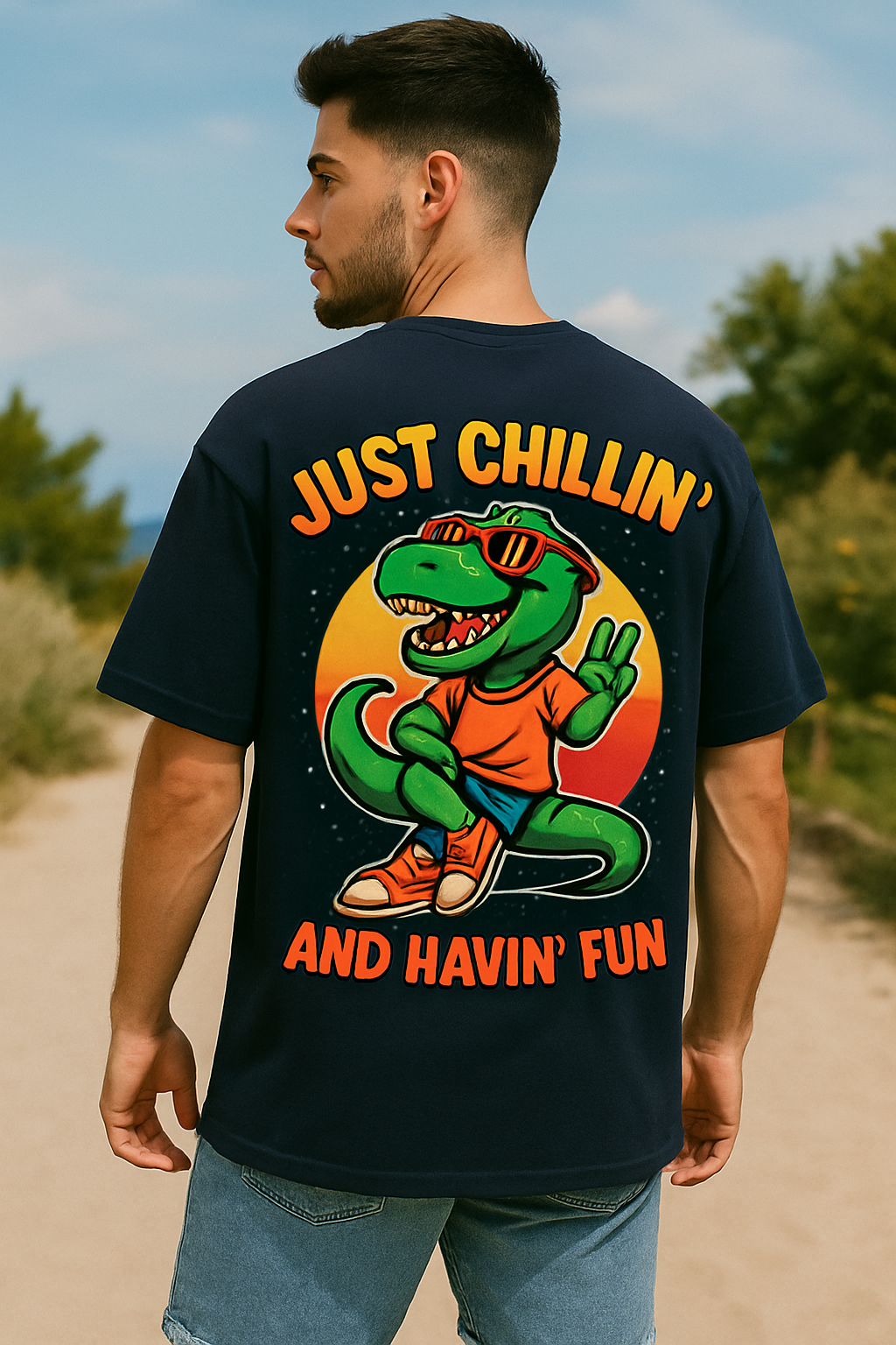 Just Chillin' Oversized T-Shirt for Men – Cool Dinosaur Graphic Tee | 100% Organic Cotton Streetwear