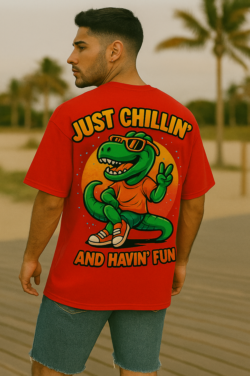 Just Chillin' Oversized T-Shirt for Men – Cool Dinosaur Graphic Tee | 100% Organic Cotton Streetwear