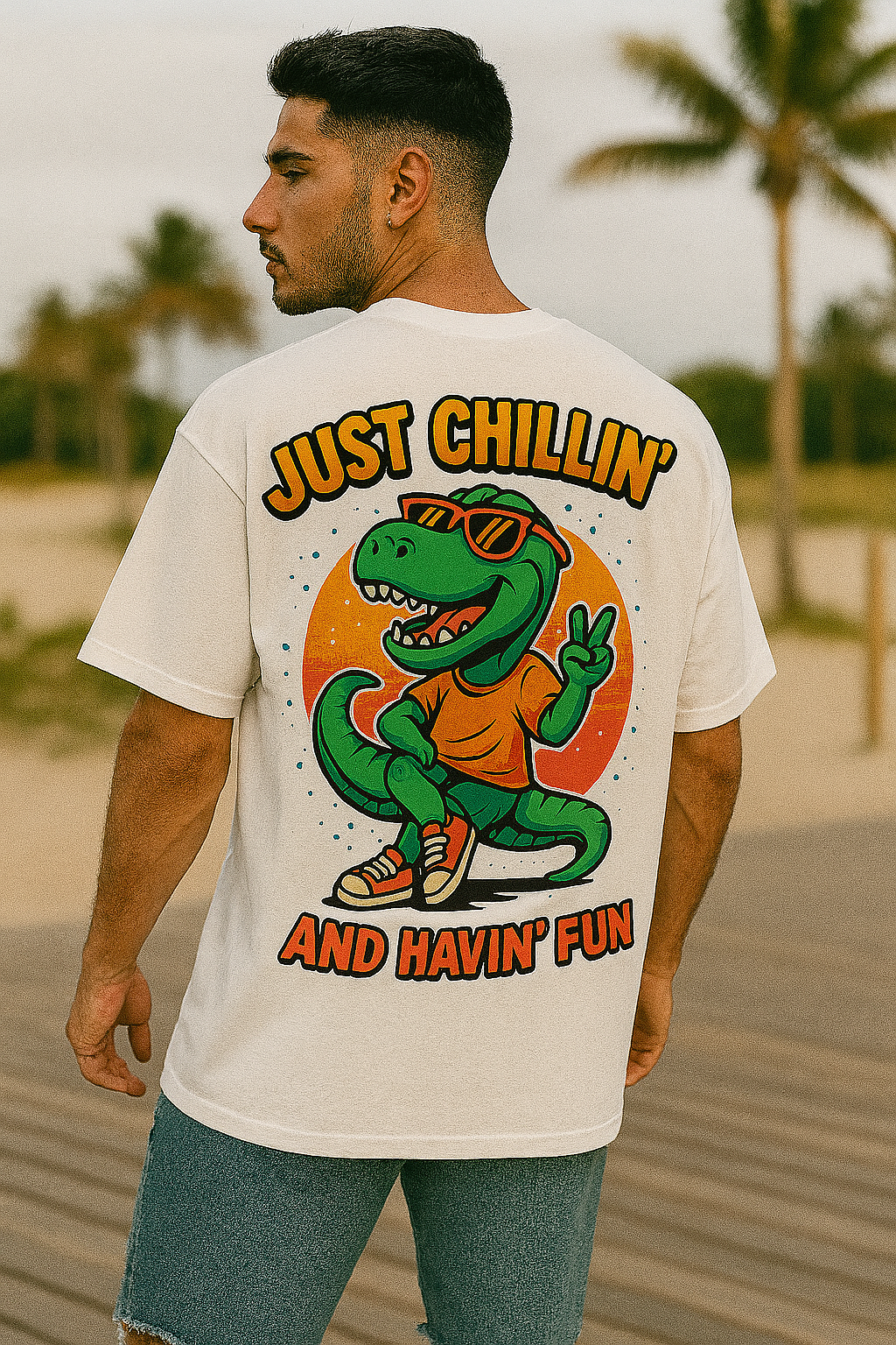 Just Chillin' Oversized T-Shirt for Men – Cool Dinosaur Graphic Tee | 100% Organic Cotton Streetwear