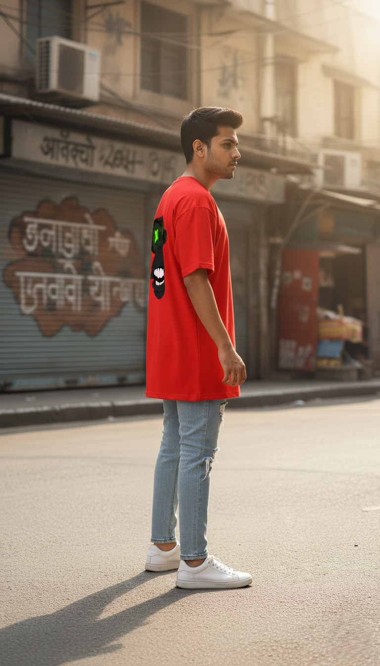 Men's Red Oversized T-Shirt - Monkey Back Print Streetwear
