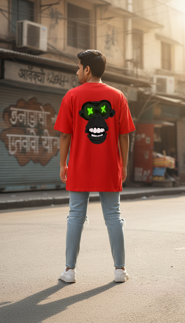 Men's Red Oversized T-Shirt - Monkey Back Print Streetwear