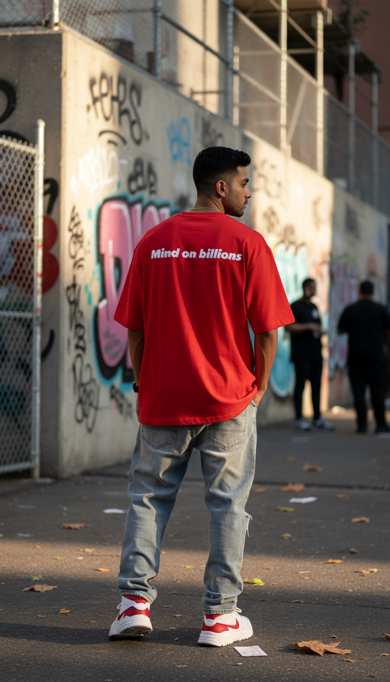 Oversized Red T-Shirt with "Mind on billions" Print – Indian Streetwear Essential