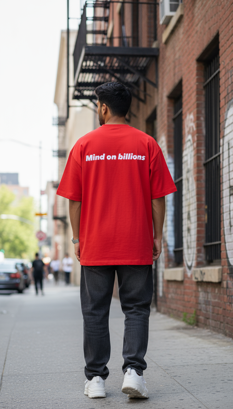 Oversized Red T-Shirt with "Mind on billions" Print – Indian Streetwear Essential