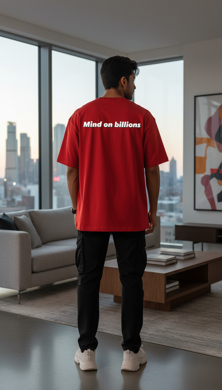 Oversized Red T-Shirt with "Mind on billions" Print – Indian Streetwear Essential