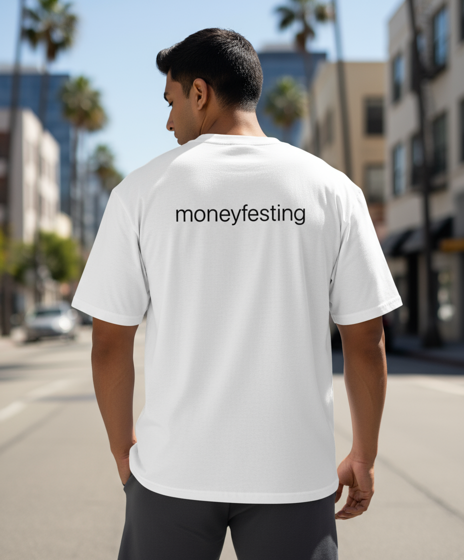 Oversized White T-Shirt with "moneyfesting" Text – Indian Male Essential Wear