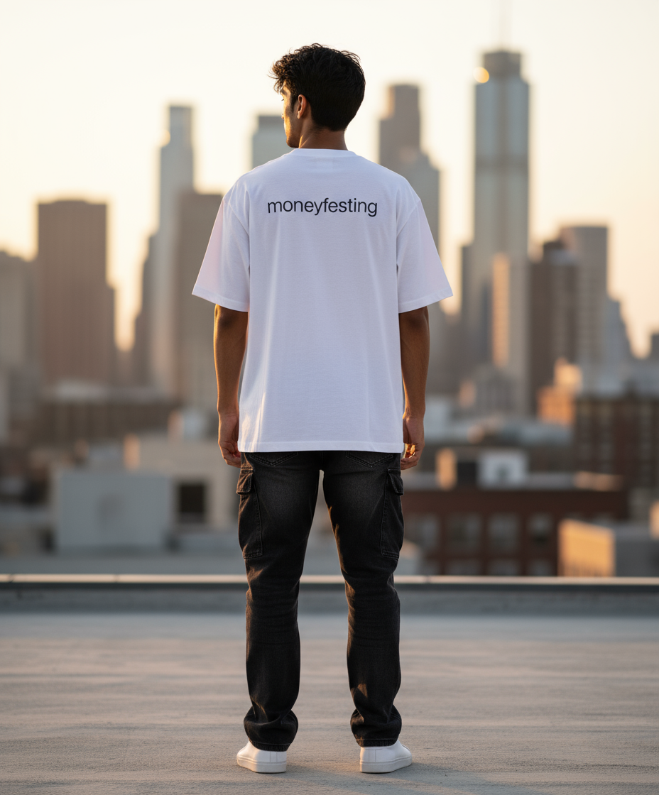 Oversized White T-Shirt with "moneyfesting" Text – Indian Male Essential Wear