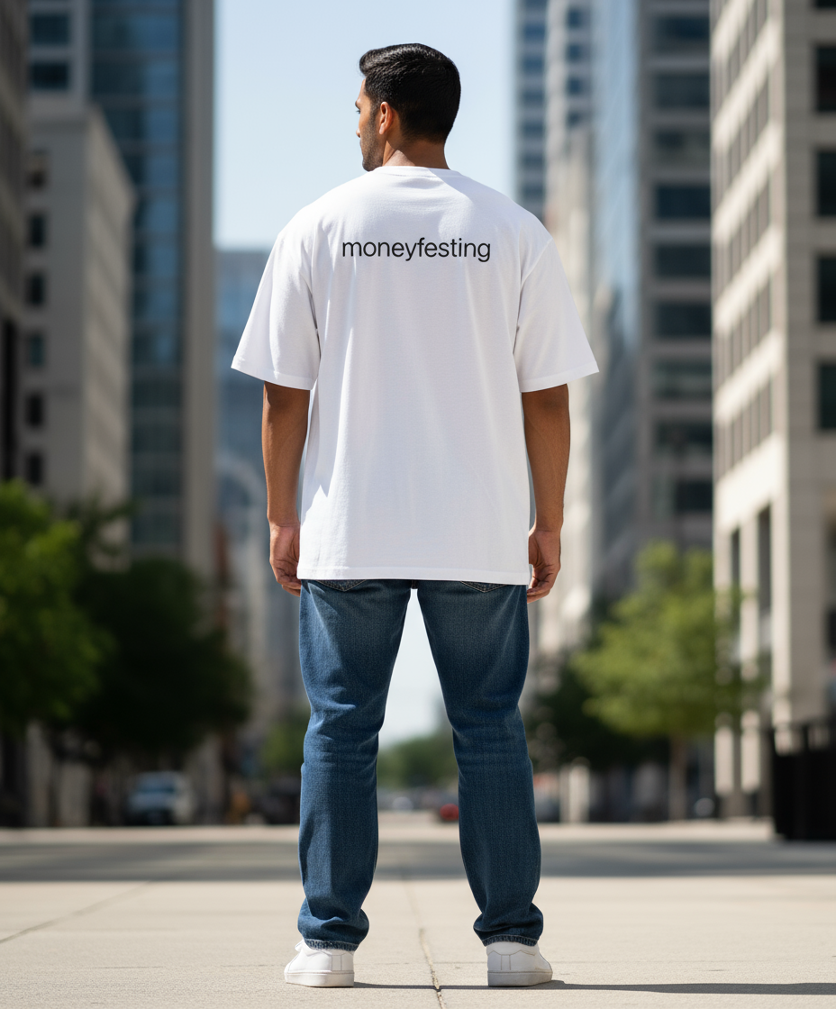 Oversized White T-Shirt with "moneyfesting" Text – Indian Male Essential Wear