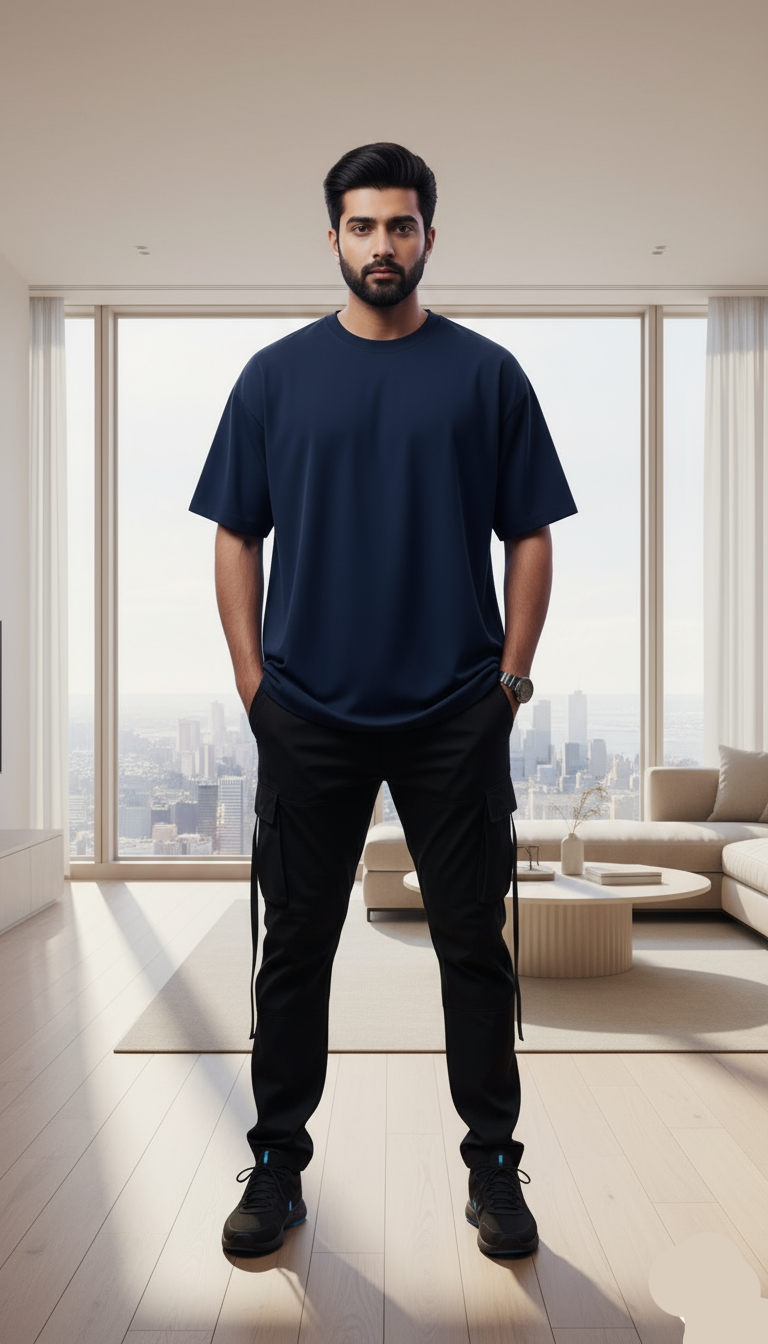 "A New Me Coming Soon (Loading 75%)" Oversized Navy T-Shirt - Personal Growth & Transformation Tee
