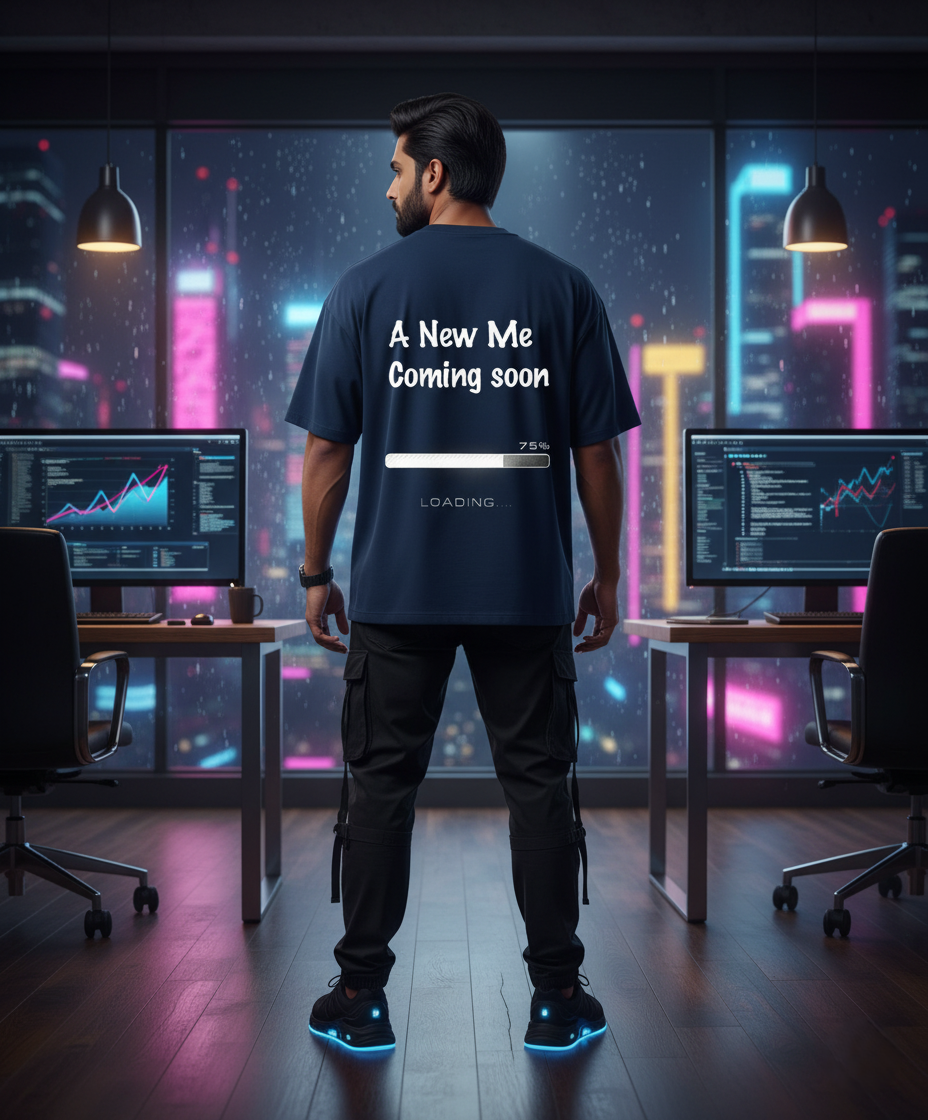 "A New Me Coming Soon (Loading 75%)" Oversized Navy T-Shirt - Personal Growth & Transformation Tee
