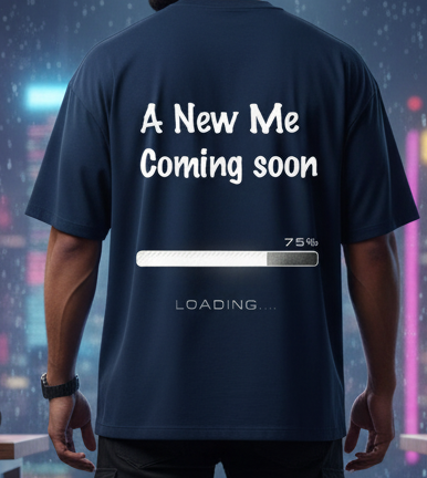 "A New Me Coming Soon (Loading 75%)" Oversized Navy T-Shirt - Personal Growth & Transformation Tee