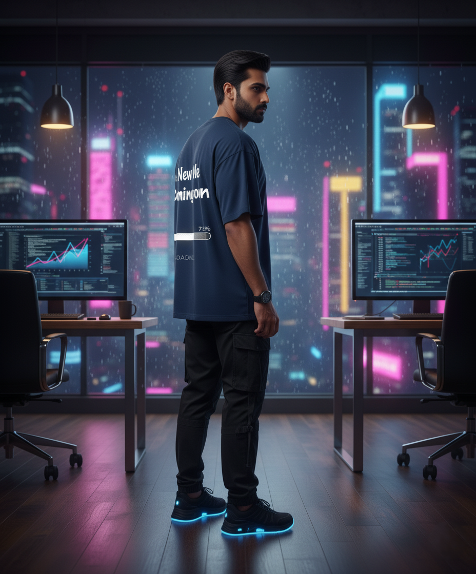 "A New Me Coming Soon (Loading 75%)" Oversized Navy T-Shirt - Personal Growth & Transformation Tee