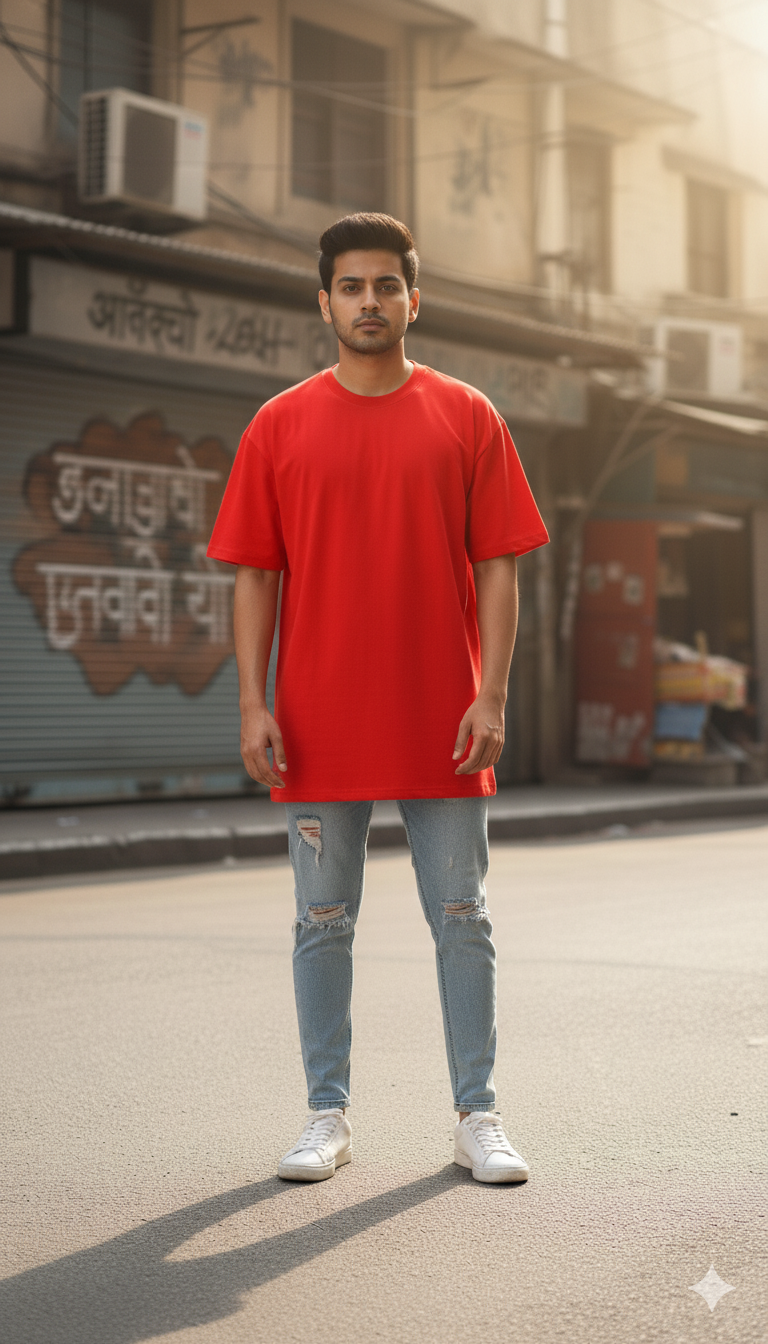 Oversized Red T-Shirt with Skull and Beanie Graphic – Urban Graphic Streetwear for Men