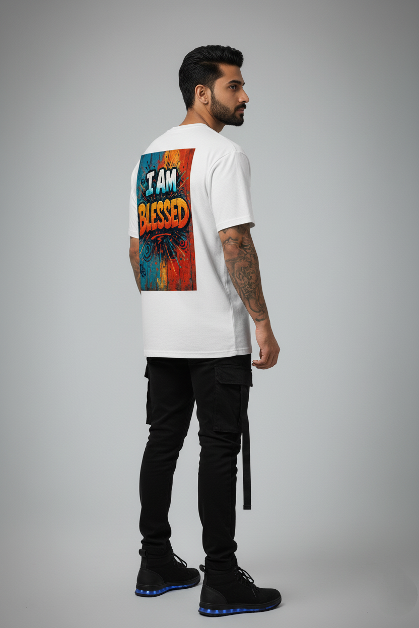 "I AM BLESSED" Oversized White T-Shirt - Vibrant Graffiti Positive Vibe Tee