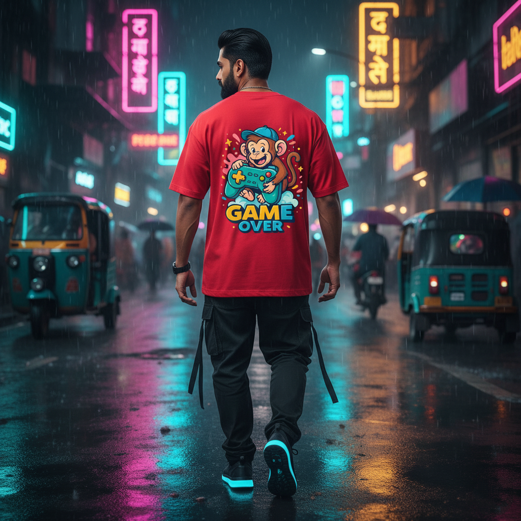 Game Over Monkey Gamer Oversized Red T-Shirt - Retro Gaming Streetwear