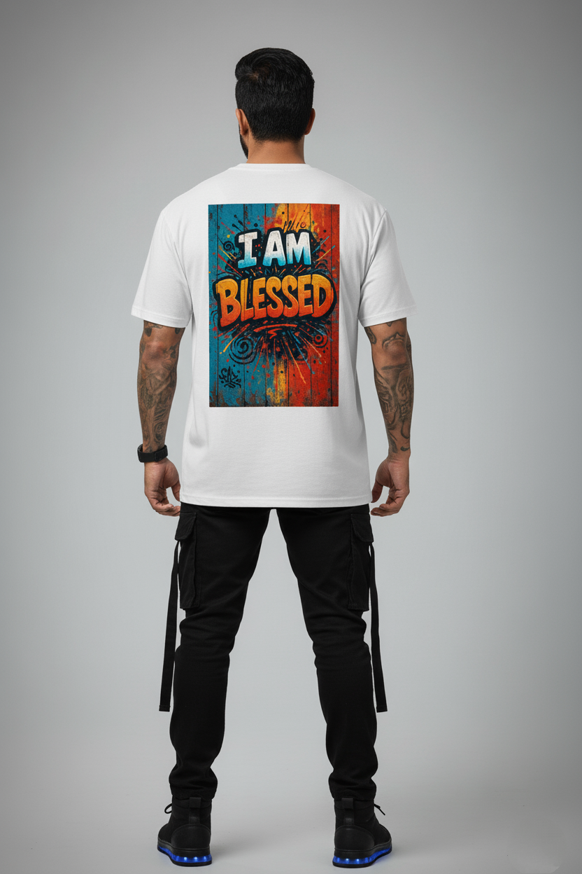"I AM BLESSED" Oversized White T-Shirt - Vibrant Graffiti Positive Vibe Tee